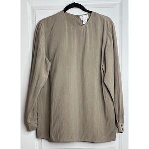 Vintage Preview Collection Womens L 100% Silk Blouse Beige Tan Long Sleeve Top